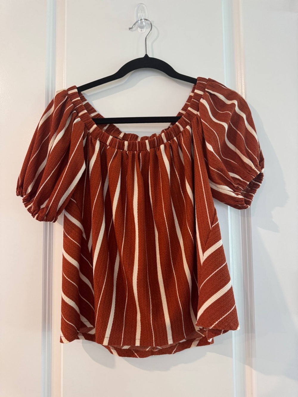 Anthropologie Rust and Cream Striped Off-Shoulder Puff Sleeve Top